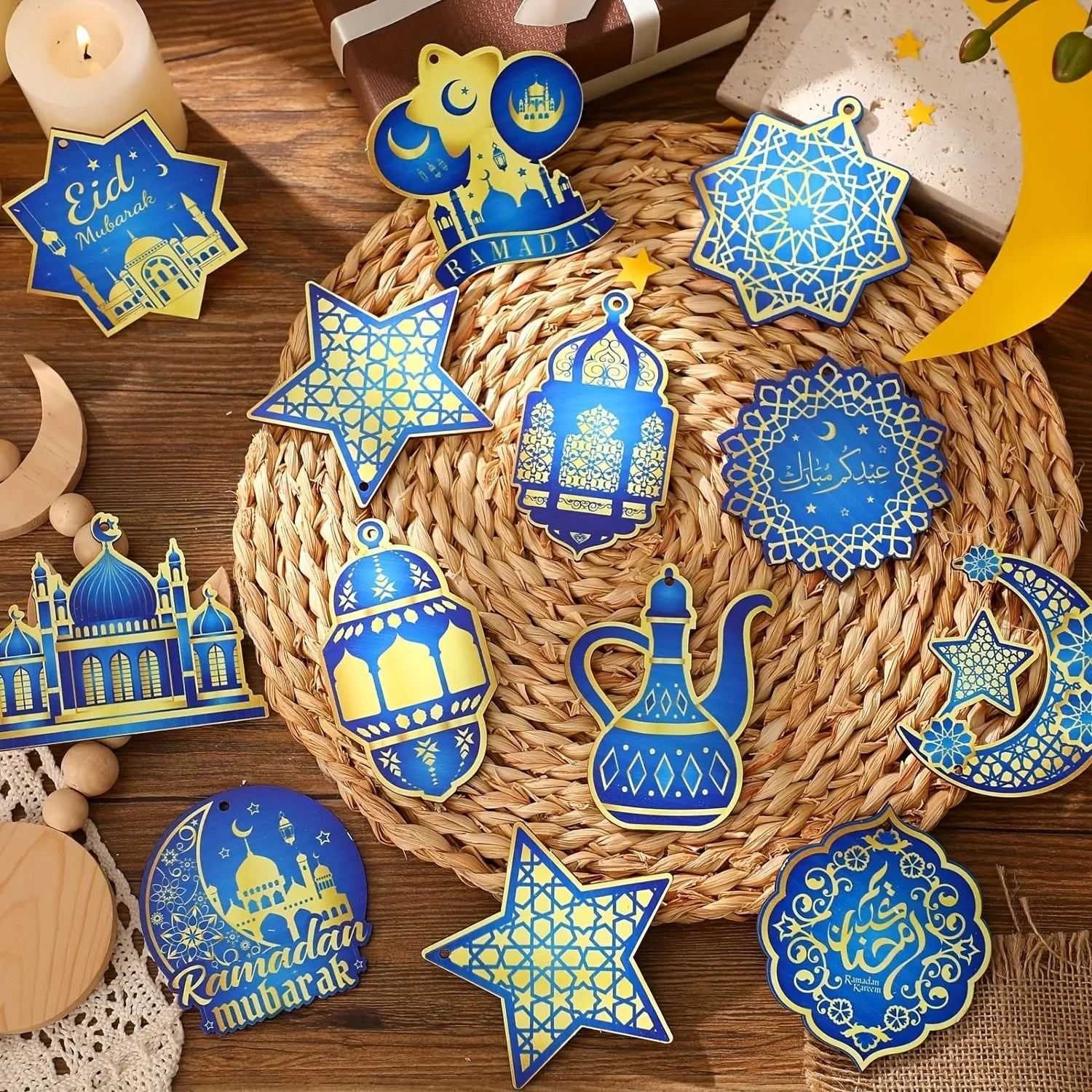 24 Pcs Ramadan Ornaments Eid Mubarak Ornaments Hanging Castle Lantern Light Star Moon Ornaments for Christmas Tree Ramadan