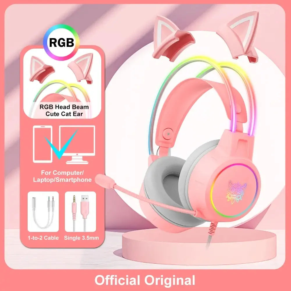 ONIKUMA X15 Pro Over-Ear Headphones Gaming Headset Wired Cancelling Earphones Pink Cat Ears Rgb Light With Mic For PC PS4