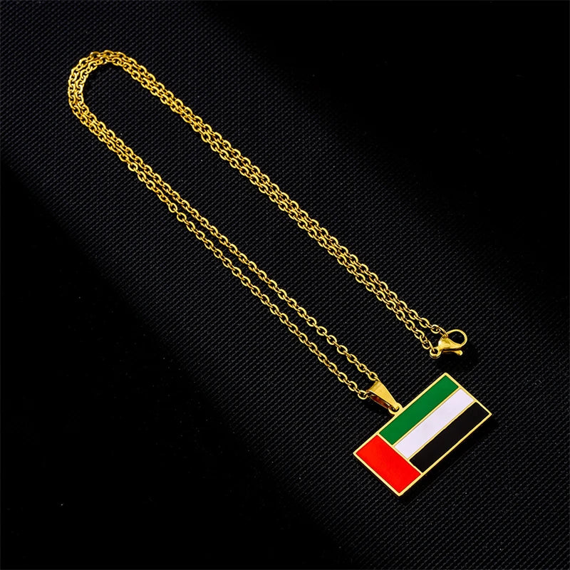 United Arab Emirates Flag Pendant Necklace Stainless Steel Men Women Gold Color UAE Ethnic Powerful Amulet Jewelry Gift