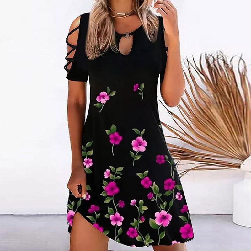 Women's floral party dress; short-sleeve O-neck mini dress