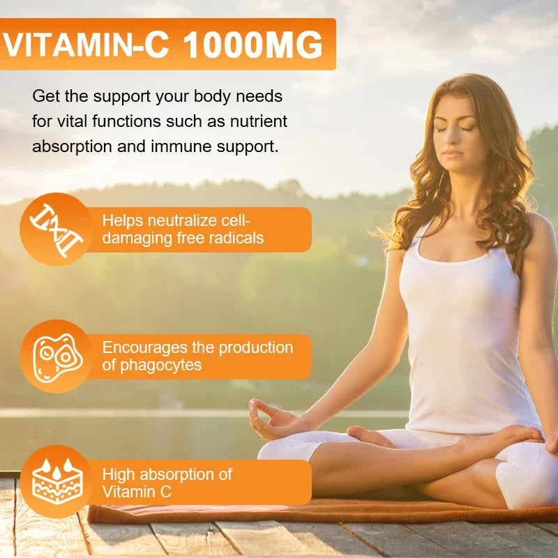 Vitamin C with Vitamin D, Zinc and Magnesium 1000мG Adult Daily Immune Supplement - Promotes Collagen Production and Skin Health