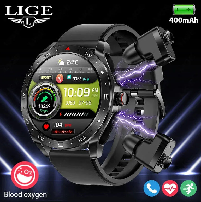 LIGE With Earbuds Bluetooth Headset Smartwatch Women Speaker Tracker Music Sport Watch Men Waterproof Smart Watch AMOLED Screen