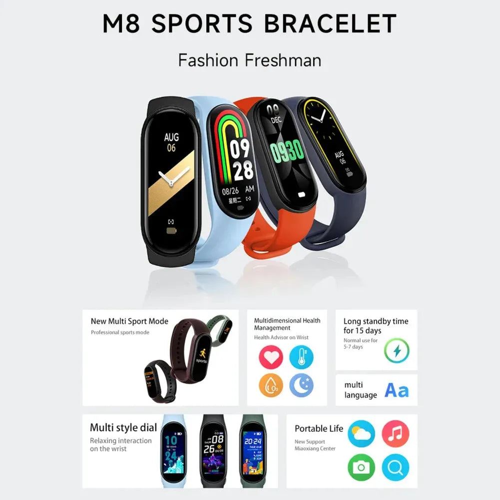 M8 Smart Watch Smartband Heart Rate Smartwatch Fitness Tracker Blood Pressure Blood Oxygen Monitor Sport Bracelet for Men Women