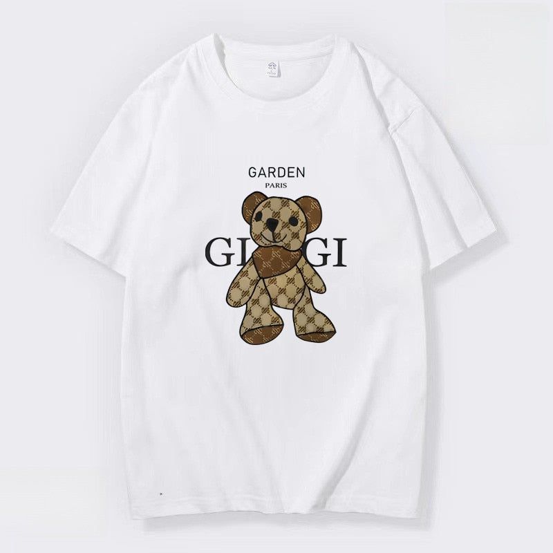 Summer Men's Little Bear Printed T-shirt 100% Cotton T-shirt Men's and Women's Casual Street Round Neck Large Top - Jointcorp