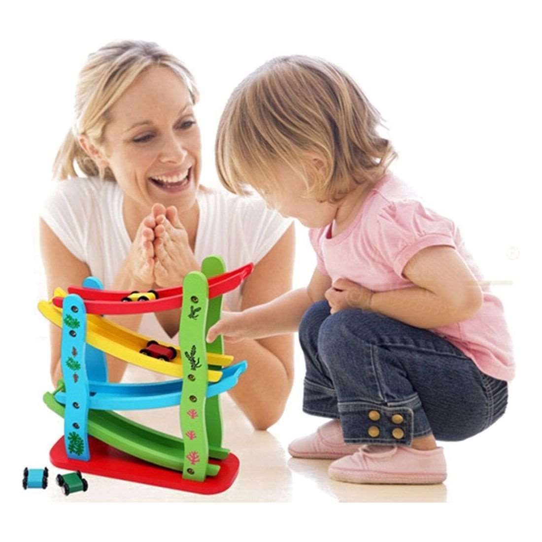 1pc Wooden Ramp Racer Toddler Toys Race Track Car Games for Kids Boys Girls Gifts with 4 Small Racers