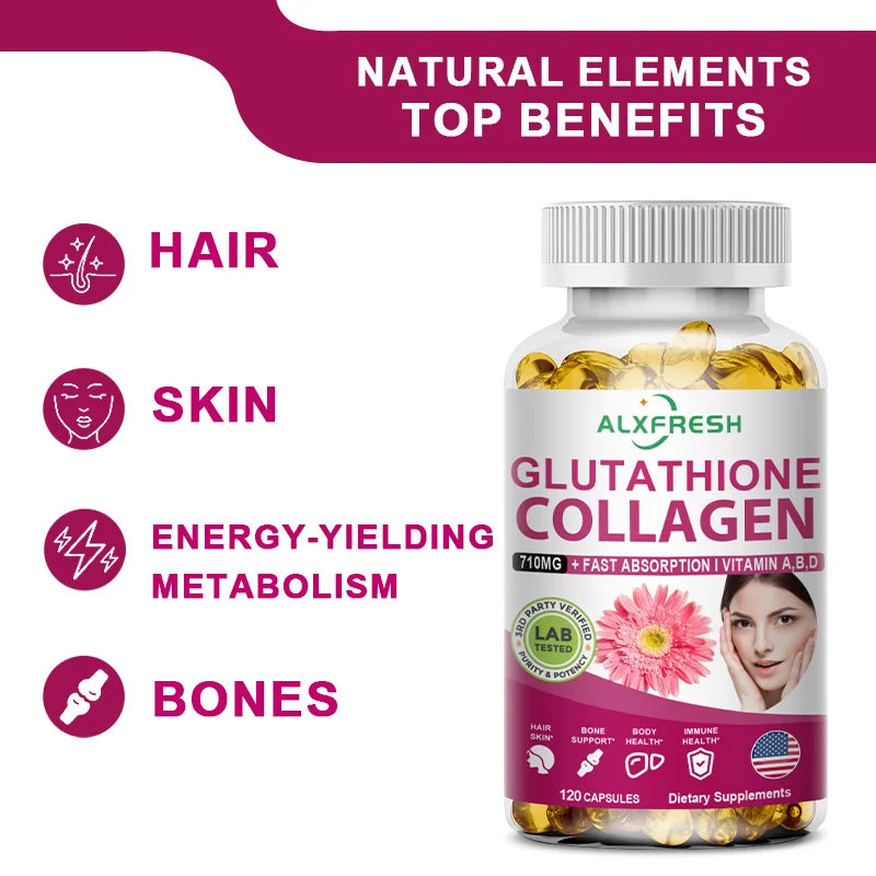 Alxfresh 710mg Hydrolyzed Collagen 300mg Glutathione 4000mcg Biotin & Vitamin A D B6 B12 Capsule Nutritional Supplement