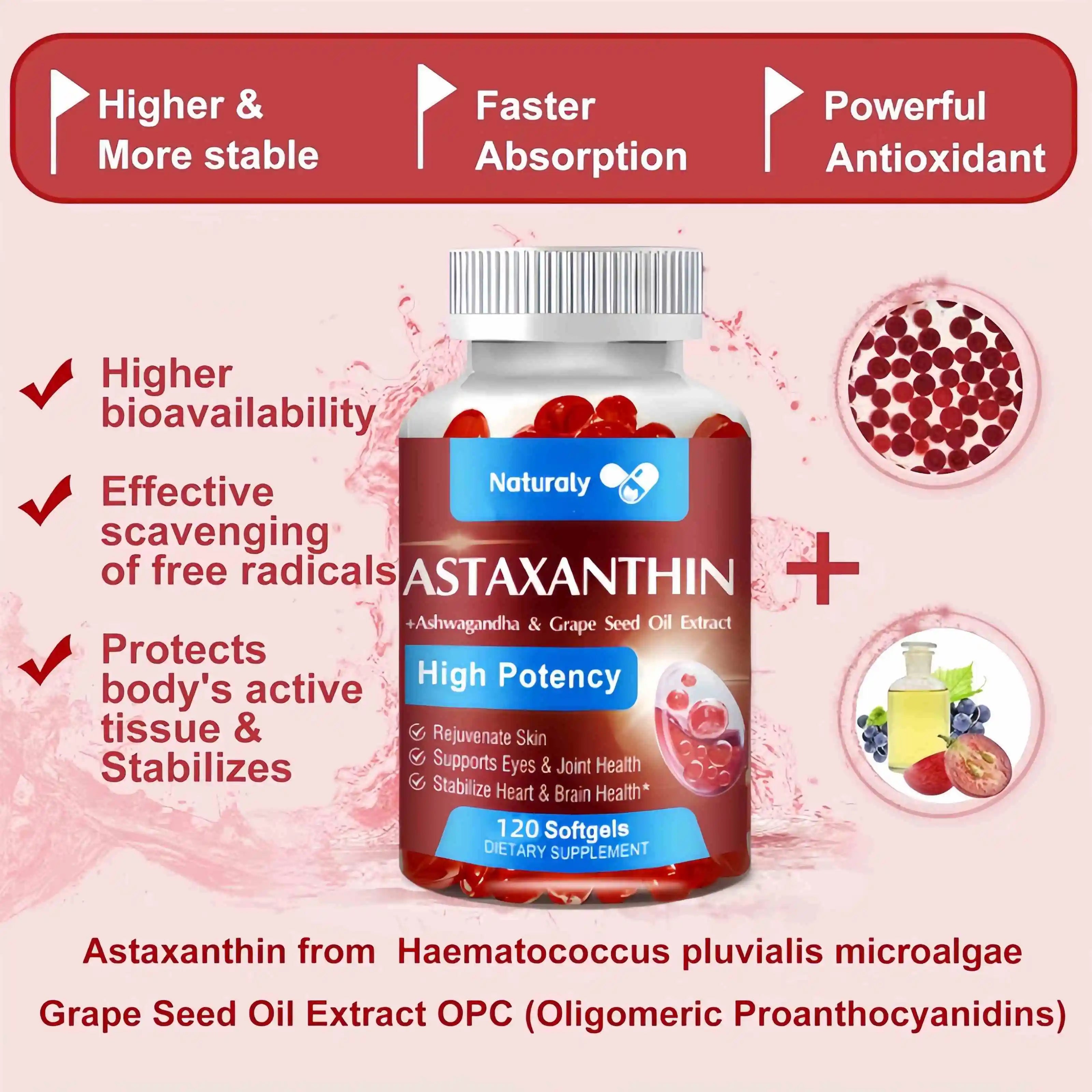 Astaxanthin Supplement with Grapeseed Oil, Ashwagandha Extract, Organic Coconut Oil, and MCT Oil for Joint Health and Immunity