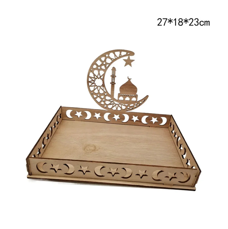 Wooden Eid Mubarak Moon Star Tray for Ramadan Kareem Food Holder Table Decoration Al Adha Islamic Muslim Party Supplies