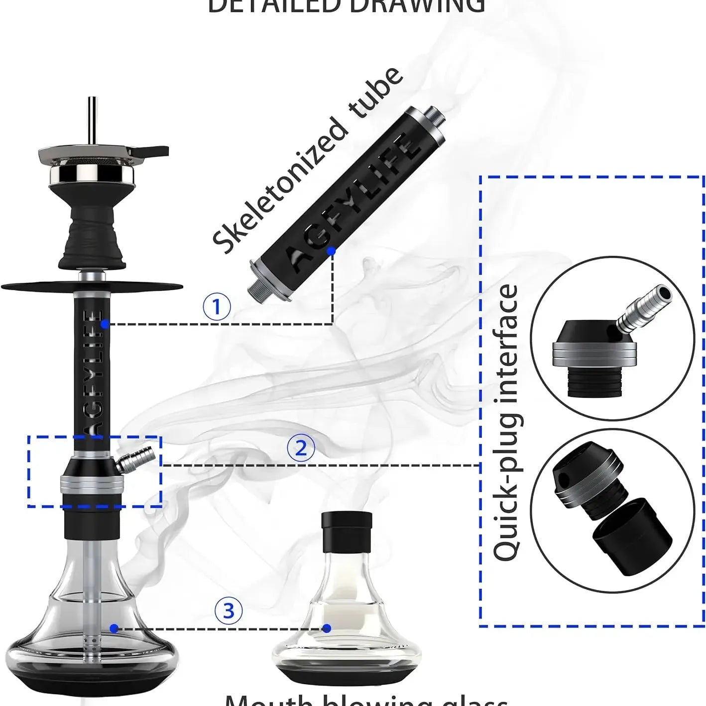 Hookah Set with Everything - AGFYLIFE 20" Black Aluminum Shisha Hookah Set Premium Modern Glass Hookah Complete Set