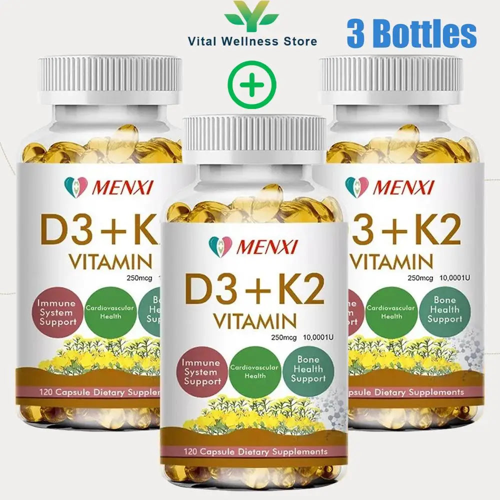 3 Bottles Vitamin D3 + K2 Capsules Supports Calcium For Stronger Bones Immune Health VC VK Complex Dietary Supplement For Adults