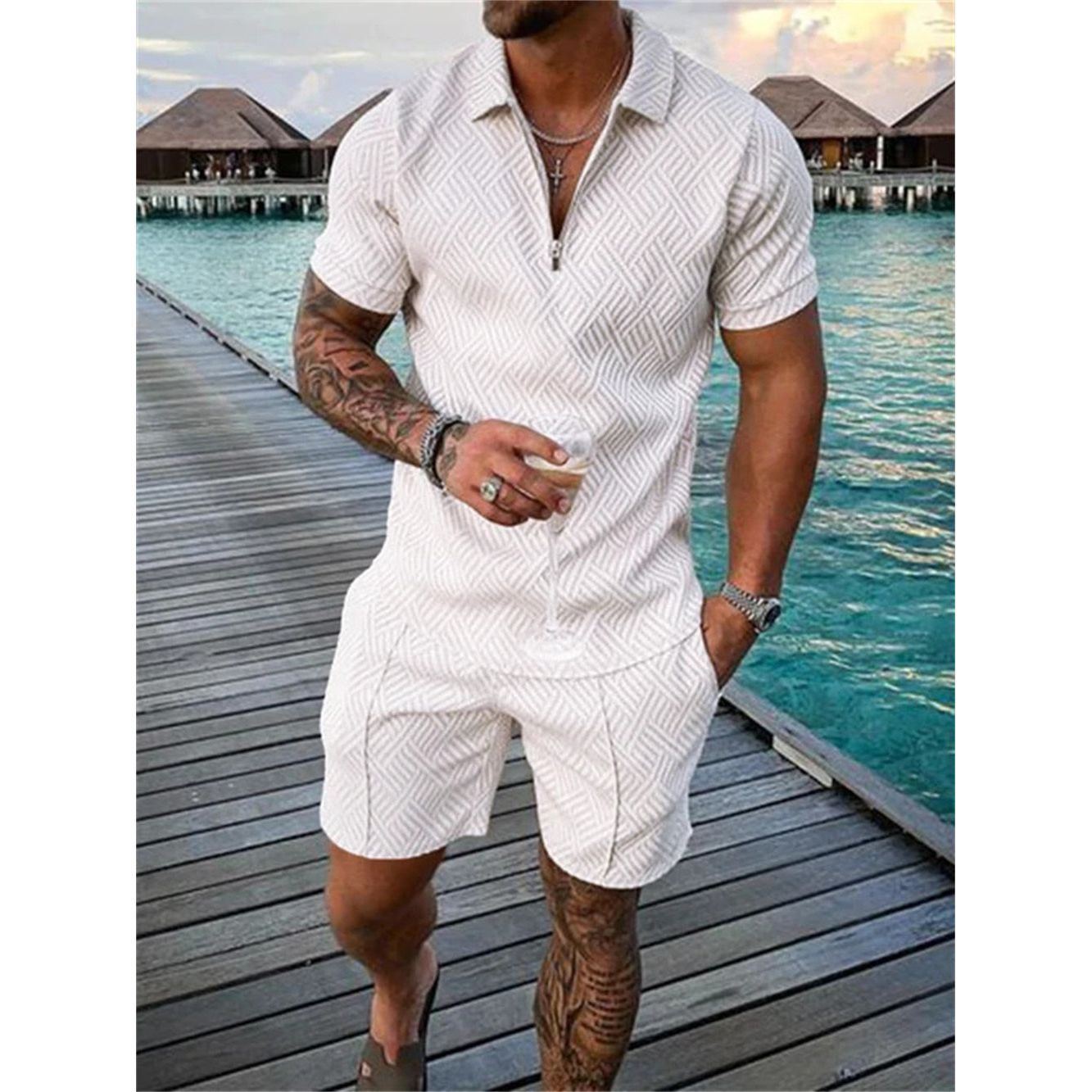 Men's Shorts Set Short Sleeve Zip Polo Shirt Street T-shirt Two Piece Casual Sportswear