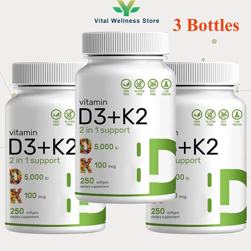 3 Bottles Vitamin D3+K2 Capsule - Help Regulate Calcium Metabolism Promote Bone Teeth And Skin Health Support Immunity