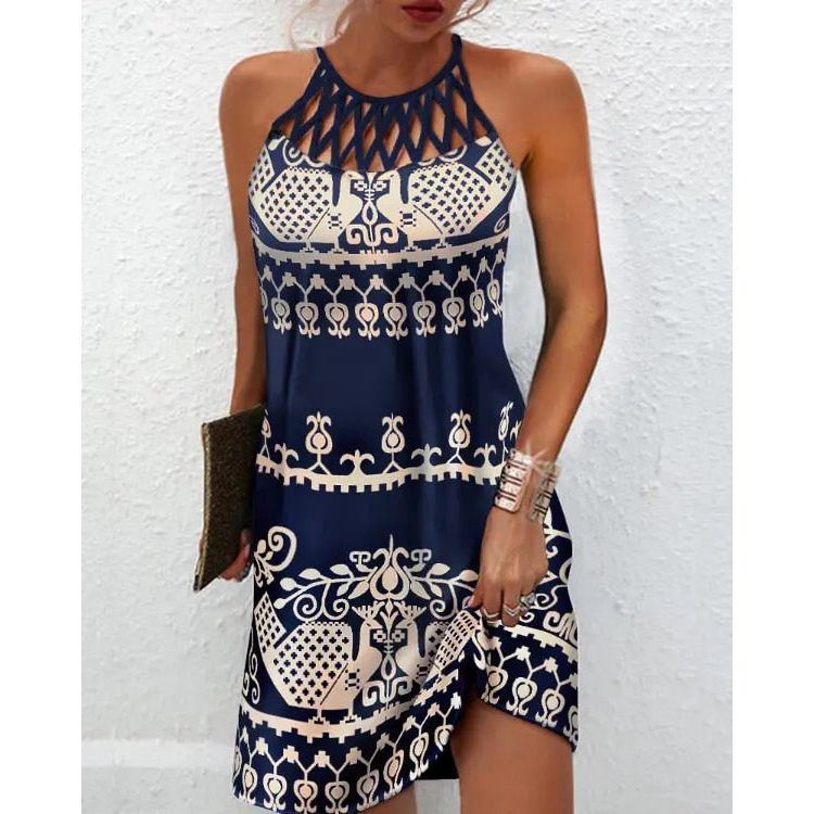 Women's dresses 2022 summer new Casual Sleeveless Vintage Tribal Print Cutout Daily Dress - Jointcorp