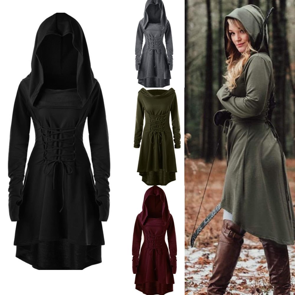 Medieval Women Archer Costume Long Sleeve Hooded Pixie Cosplay Dress Renaissance Femal Hunter Larp Robe Bandage Plus size s-4XL