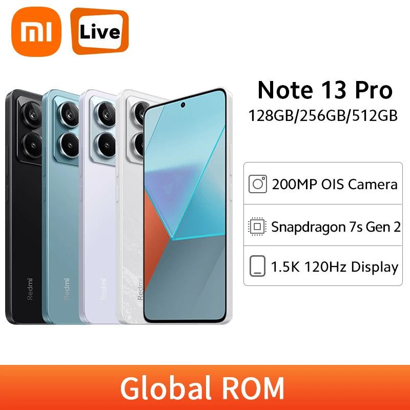 Global ROM Xiaomi Redmi Note 13 Pro Snapdragon 7s Gen 2 Mobile Phone 200MP Triple Camera 120Hz Display 5100mAh 67W Fast Charging