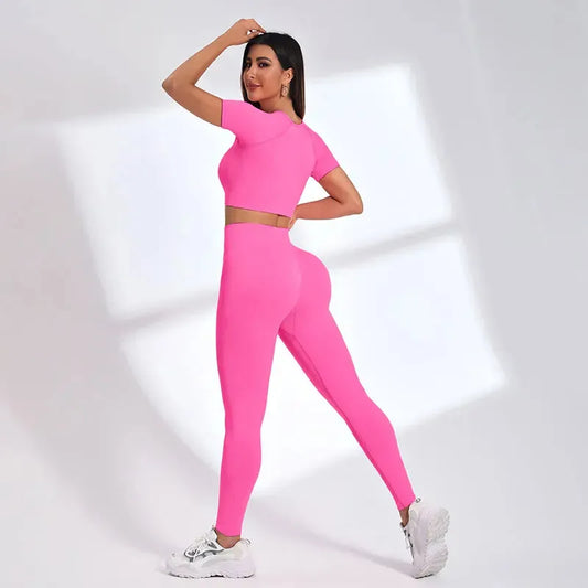 Women Yoga 2 Pieces Workout Outfits Seamless High Waist Leggings Sports Crop Top Running Clothes Sets