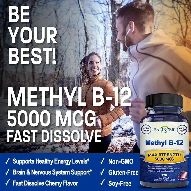 Vitamin B12 - 5000 MCG Supplement with Methylcobalamin (Methyl B-12) Boosts Natural Energy and Benefits Brain and Heart Function