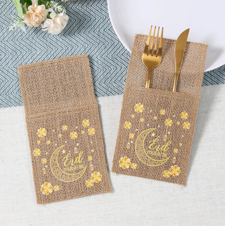 Ramadan Burlap Cutlery Pouch Eid Mubarak Decor for Home 2025 Table Decor Ramadan Kareem Islamic Muslim Party Eid Al-Fitr Gifts