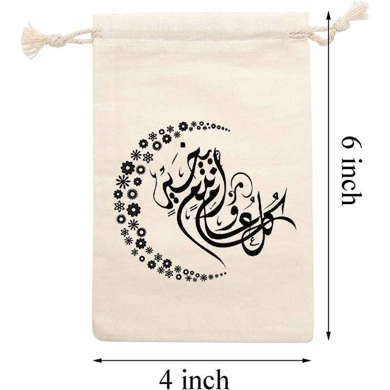 12PCS Eid Mubarak Candy Bag Star Moon Canvas Pocket Arabic Islam Muslim Party Gift Bag Ramadan Decoration For Home 4x6 inch