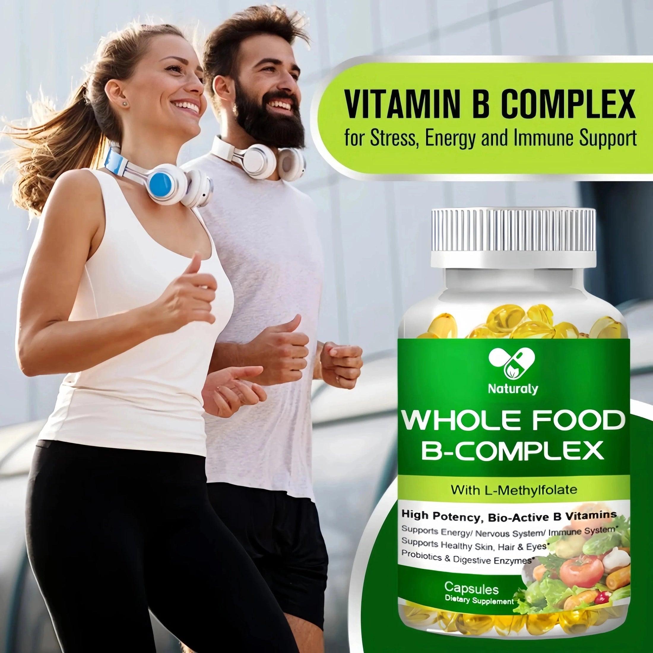 Vitamin B Complex Capsules B1, B2, B3, B5, B6, B7, B9, B12 Whole Food Supplement for Stress, Energy and Immune Support Non-GMO