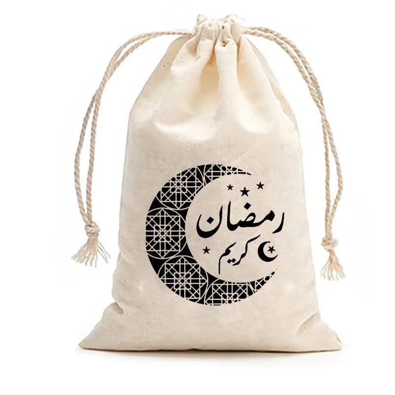 12PCS Eid Mubarak Candy Bag Star Moon Canvas Pocket Arabic Islam Muslim Party Gift Bag Ramadan Decoration For Home 4x6 inch