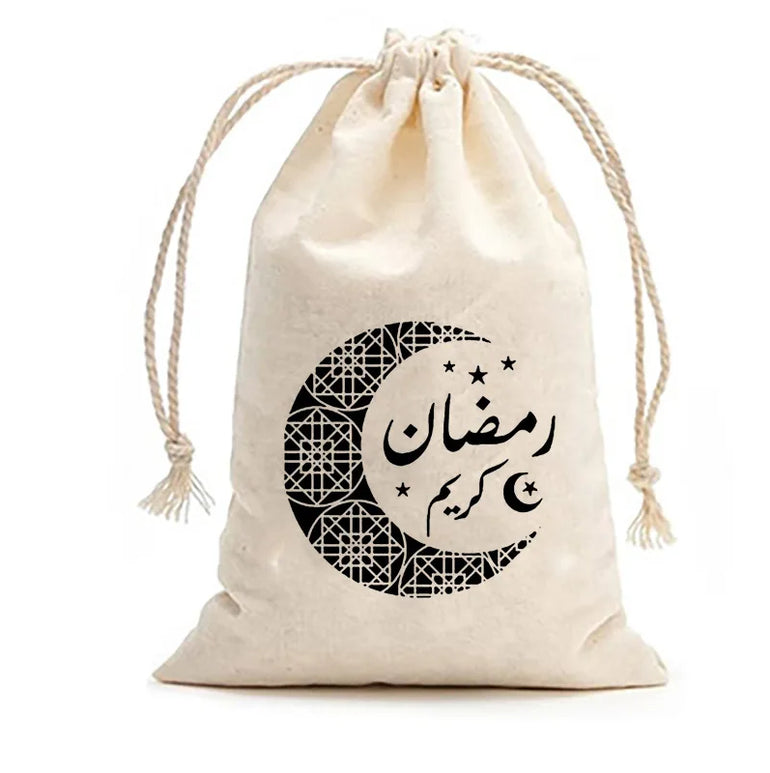 12PCS Eid Mubarak Candy Bag Star Moon Canvas Pocket Arabic Islam Muslim Party Gift Bag Ramadan Decoration For Home 4x6 inch