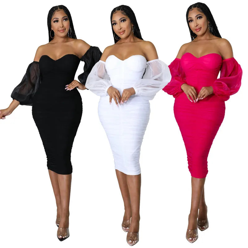 Sexy Off Shoulder Mesh Lantern Sleeve Bodycon Midi Dress for Women Elegant Party Club Night Ruched Formal Pencil Dress Vestidos