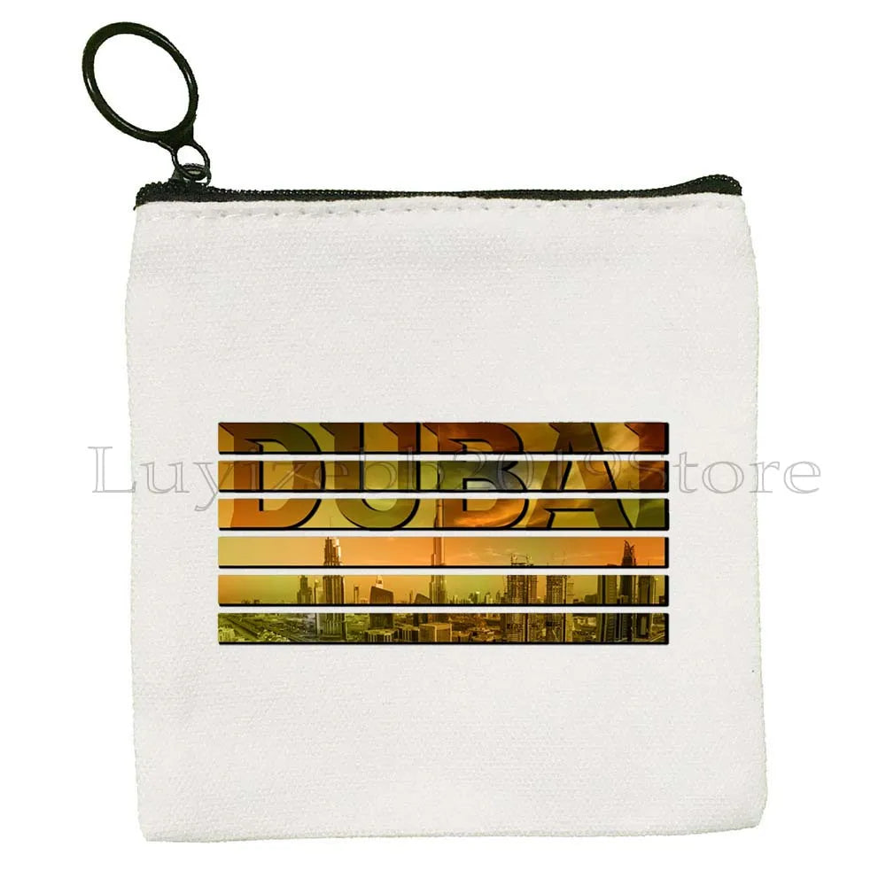 Dubai United Arab Emirates UAE Map Flag Asia Skyline Skyscraper Burj Khalifa Canvas Coin Purse Key Case Bag Wallet Zipper Pouch