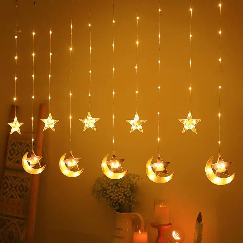 Eid al-Fitr Mubarak Star Moon Light String LED Night Lamp Window Fairy Light for Home Islamic Muslim Ramadan Indoor Decoration