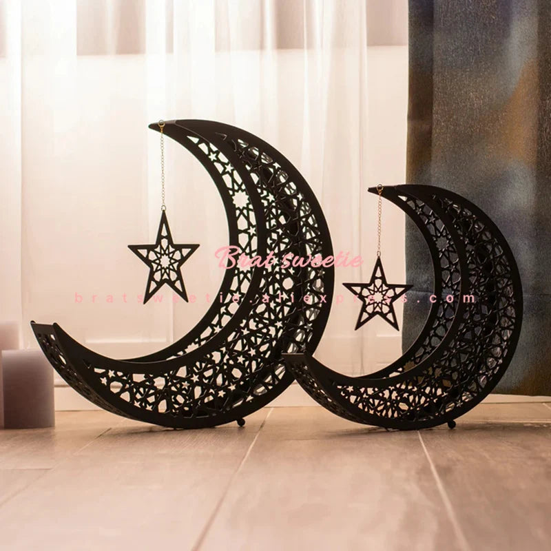 Metal Crescent Moon Candy Dessert Tray Islamic Festival Eid Mubarak Iron Moon Star Plate 2024 Ramadan Kareem Home Decorations