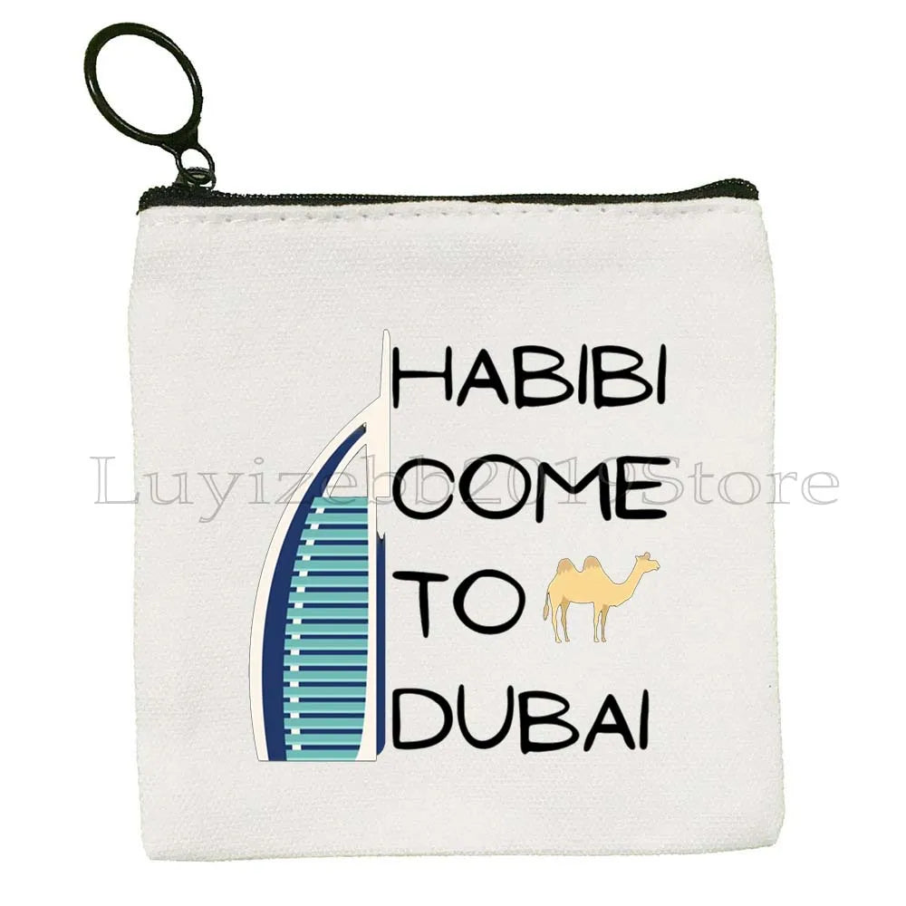 Dubai United Arab Emirates UAE Map Flag Asia Skyline Skyscraper Burj Khalifa Canvas Coin Purse Key Case Bag Wallet Zipper Pouch