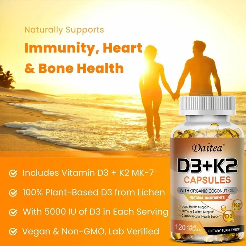 Vitamin K2 (MK7) with D3-5000 IU Supplement-120 Capsules, Immune Support Health, Bone Health, Cardiovascular Health Support