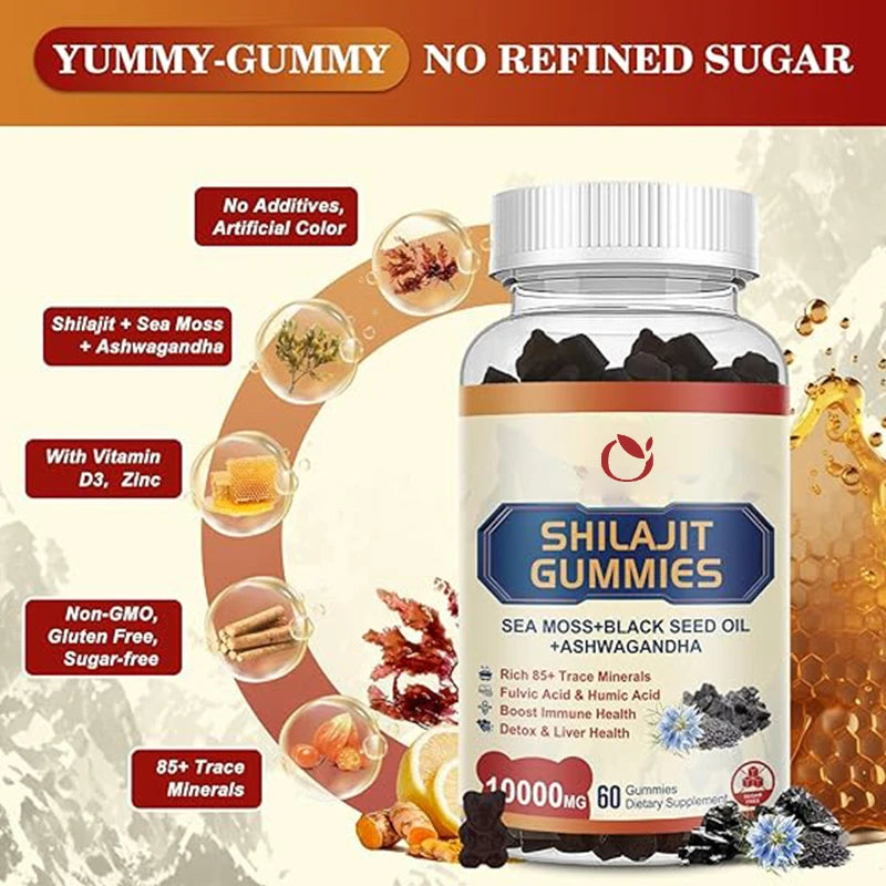 Shilajit Resin Gummies Irish Seaweed Supplement Contains 60 Capsules of Black Seed Oil,ginseng,and South African Eggplant Ginger