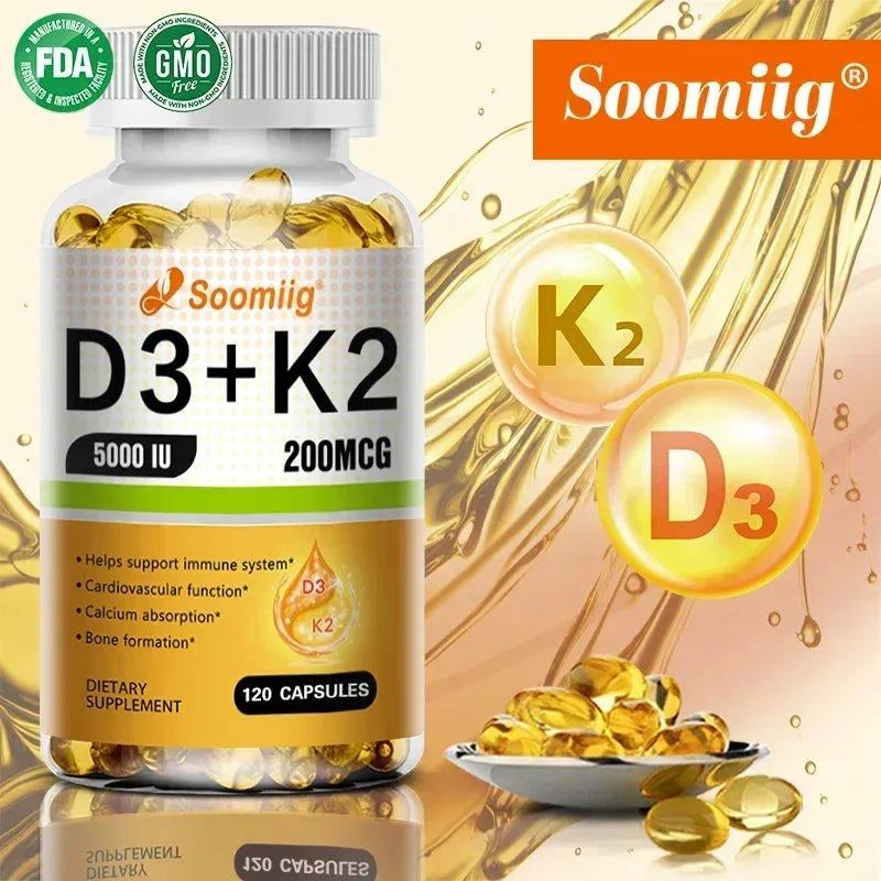 Vitamin D3+K2 Capsules - Vitamin D 5000IU Vitamin K2 (200MCG) - Immune Support Supplement, Bone and Joint Health