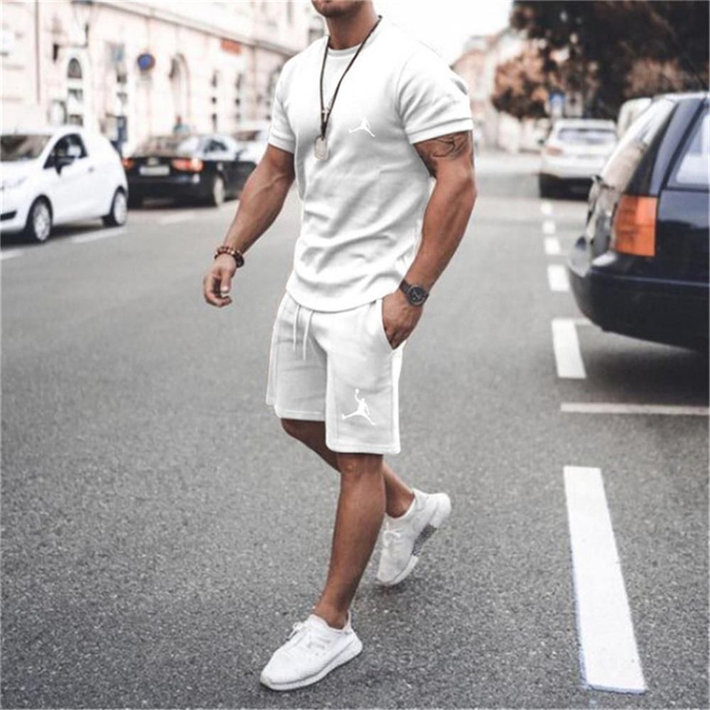 Men's Sportswear Cotton T-shirt+Shorts Two Piece Jogging Fitness Sports Casual Set