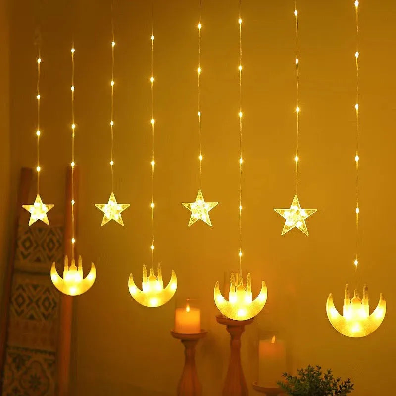 Eid al-Fitr Mubarak Star Moon Light String LED Night Lamp Window Fairy Light for Home Islamic Muslim Ramadan Indoor Decoration