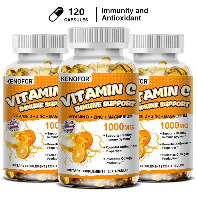 Vitamin C with Vitamin D, Zinc and Magnesium 1000мG Adult Daily Immune Supplement - Promotes Collagen Production and Skin Health