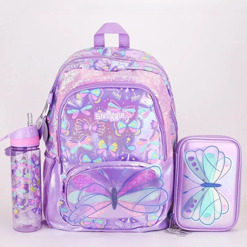 2023 New Australia Smiggle Original Girls Backpack Purple Butterfly Schoolbag Waterproof 16 Inches Fashion Gift Backpack