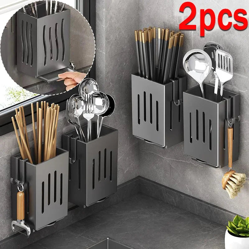 Multifunctional Kitchen Utensil Storage Rack Chopstick Draining Holder Wall-Mounted Freestanding Cutlery Tableware Organizer Box