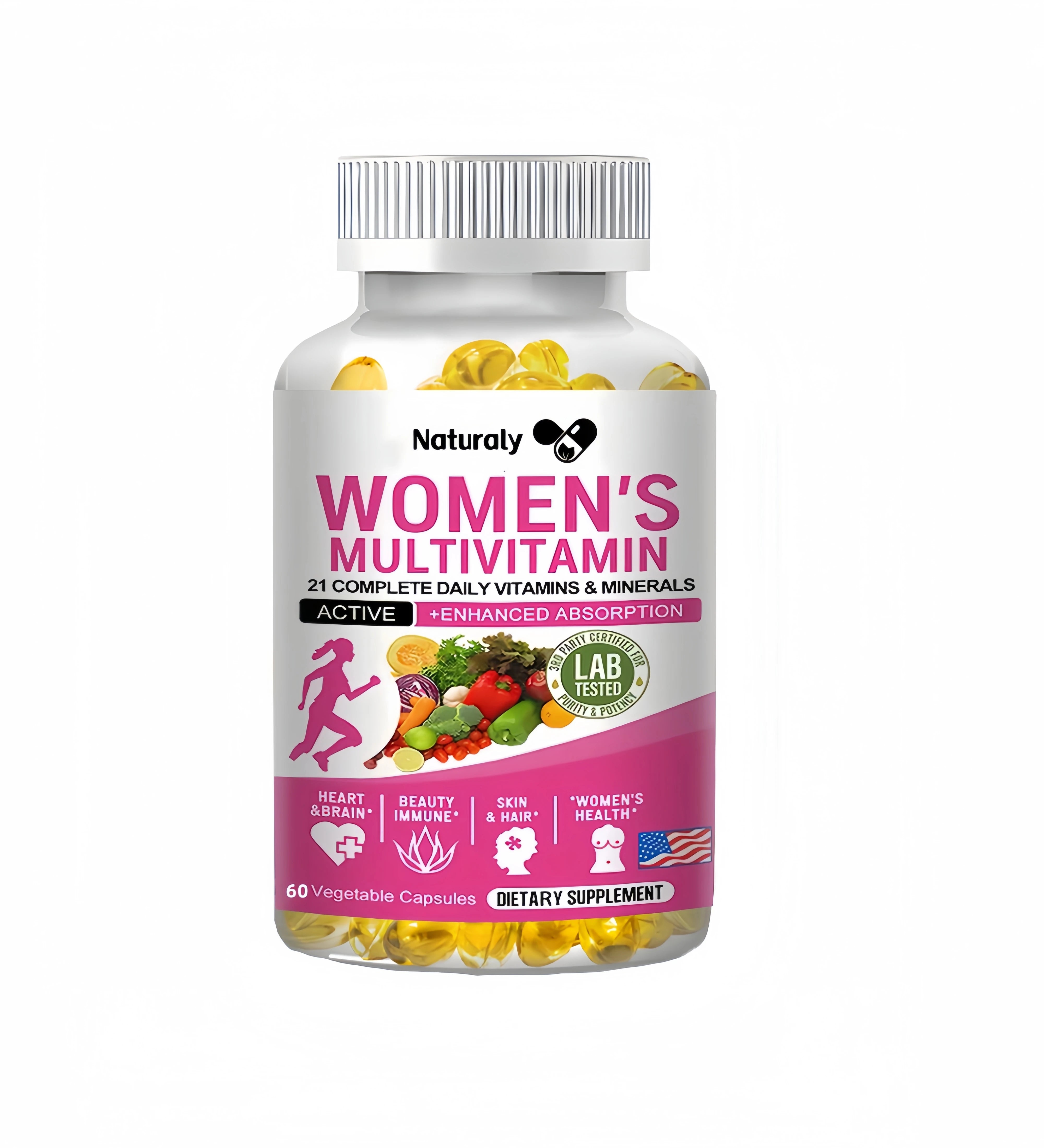 Multivitamin capsules contain a perfect blend of iron, biotin, calcium and zinc to support immune function and energy.