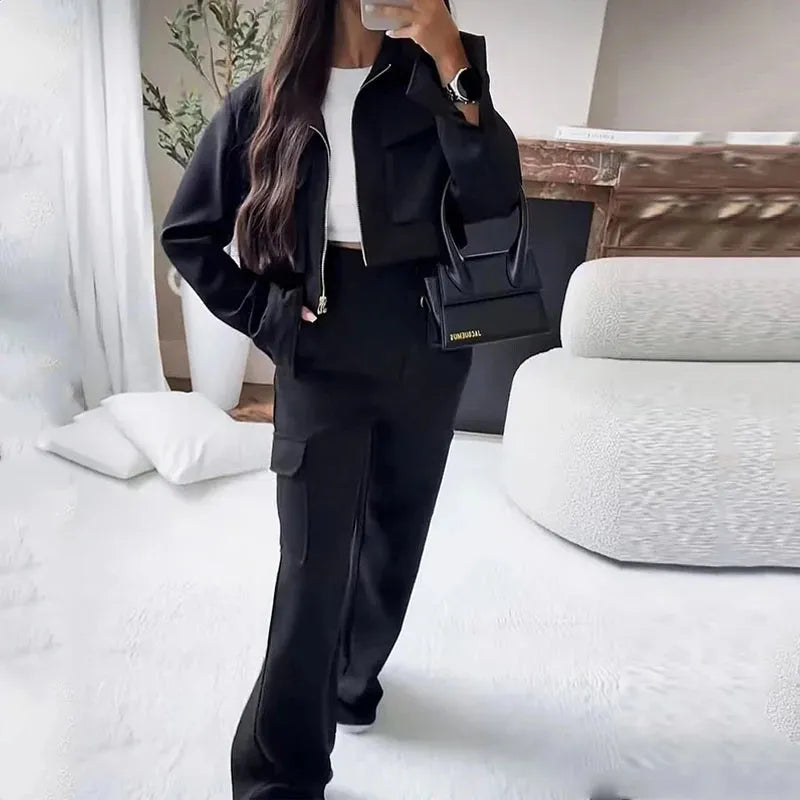 Women Two Piece Set Autumn Fashion Solid Zipper Lapel Short Jacket Top Loose Overalls Cargo Pockets Pants Streetwear