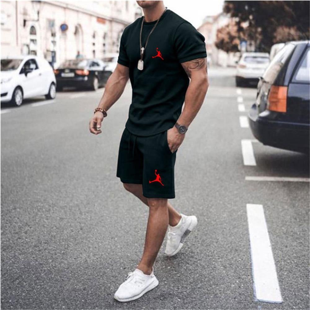 Men's Sportswear Cotton T-shirt+Shorts Two Piece Jogging Fitness Sports Casual Set