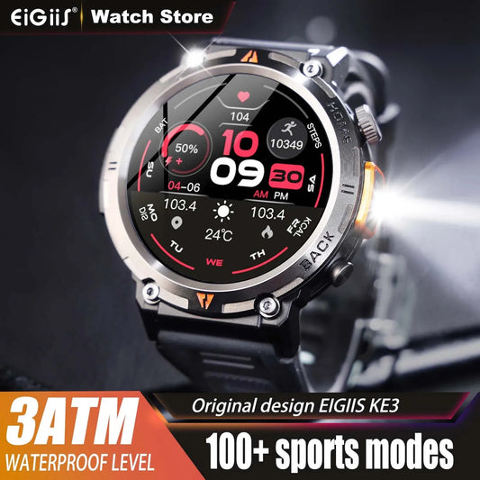 EIGIIS KE3 Smart Watch 3ATM Waterproof Original Design For Men Bluetooth Call Health Monitor With Flashlight 100+ Sports Modes