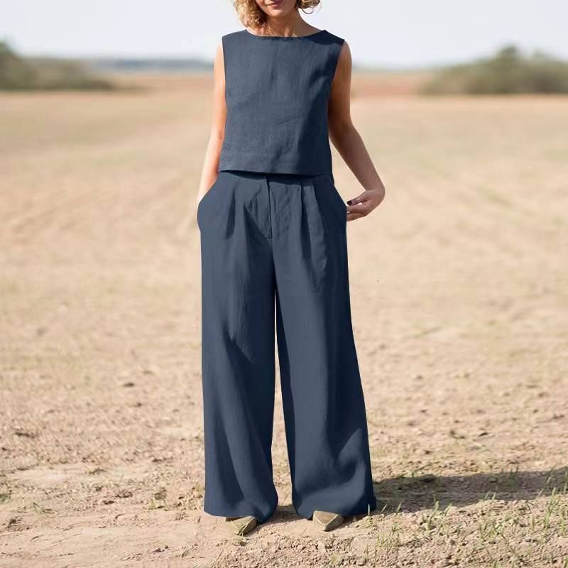 Plus Size Two-piece Casual Wide-leg Pants Sleeveless Cotton One-piece Suit for women - Jointcorp