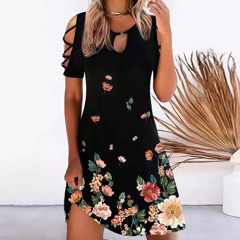 Women's floral party dress; short-sleeve O-neck mini dress - Jointcorp