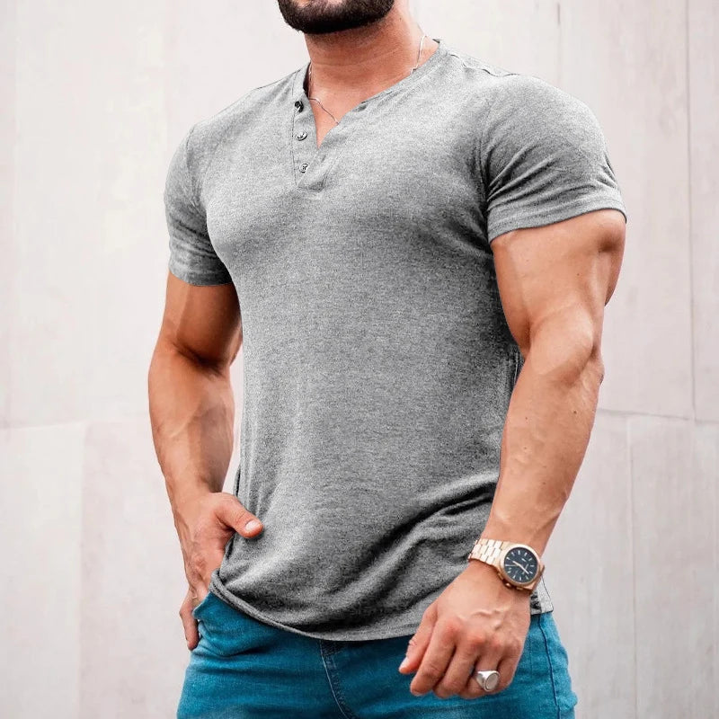 Leisure Solid Color Short-sleeved T Shirt Men Clothes Casual Buttoned V Neck Pullover Tops Spring Summer Mens Fashion T-shirts