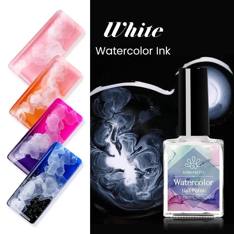 BORN PRETTY Watercolor Nail Ink White Nail Polish Blossoming Effect Nails Art Design Natural Air Dry Nail Art Varnish Manicure