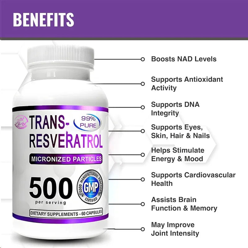 Trans Resveratrol 500mg Supplement 99% Pure Trans Resveratrol Extract+Pepper High Absorption 60 Capsules Vegetarian Capsules