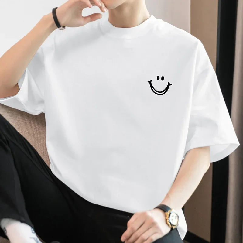 American Style Trendy Brand Men's Short Sleeve Cotton T-Shirt 260g Heavy Duty Pure Cotton White Round Neck Top