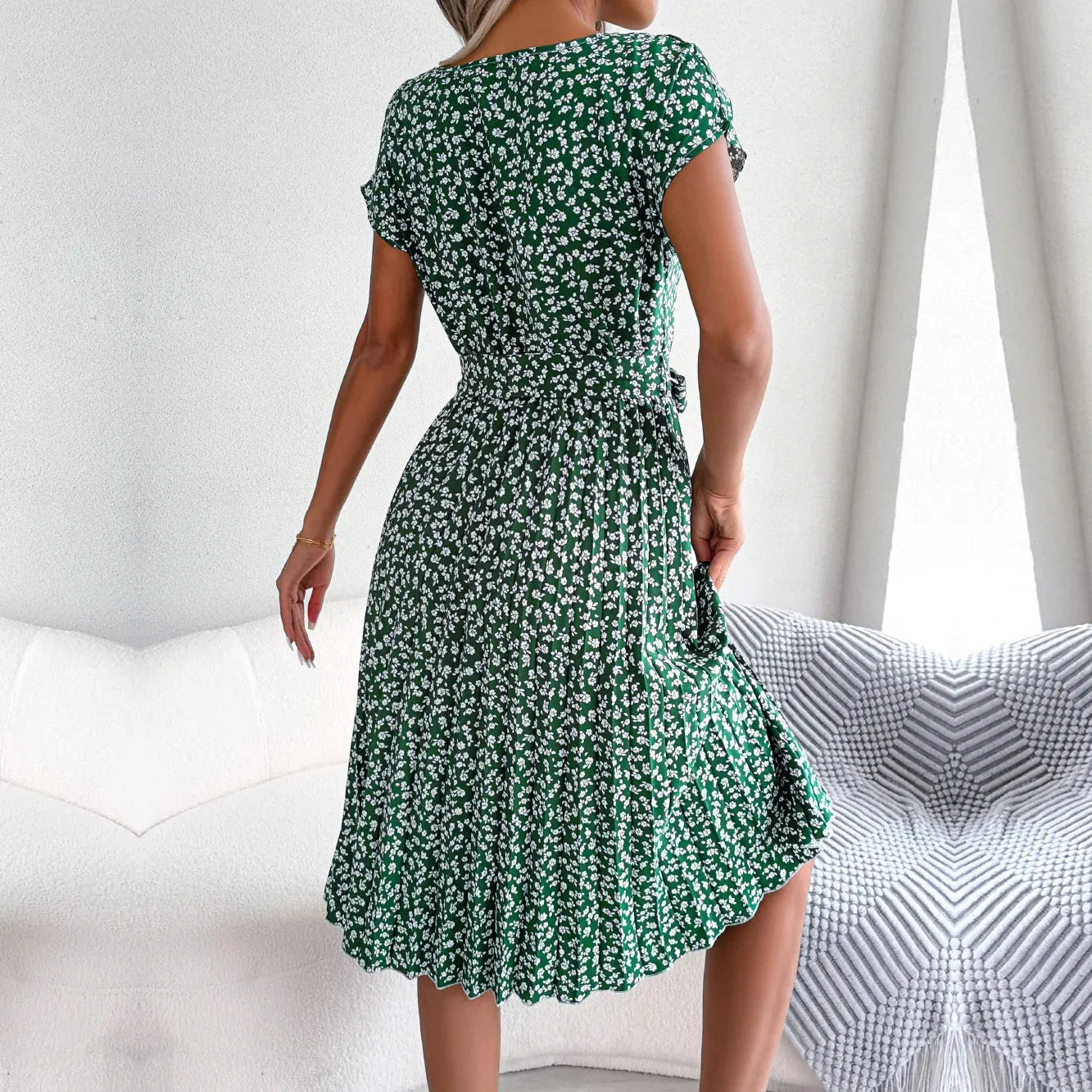 Women Spring Summer Short Sleeve High Waist Chic Dress Fashion Floral Pleated A Line Long Dress